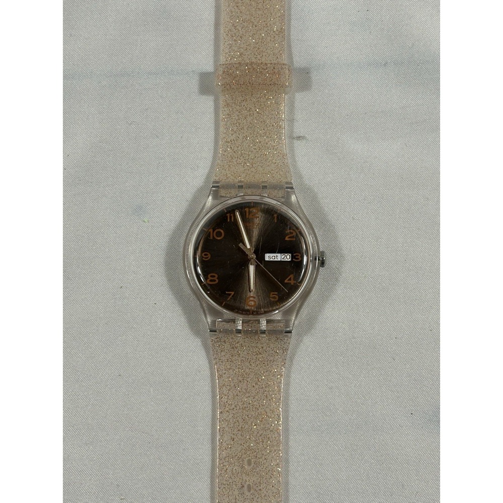 Swatch Gent Day Date Copper Metallic Dial Clear Gold Glitter Strap Swiss Watch